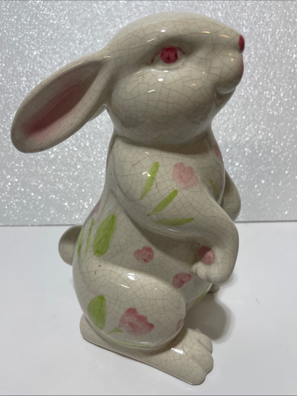 5/$25 Ceramic Bunny Figurine in Cream and Pink Floral - Home Art 10” tall